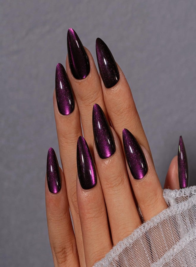 KQueenest Cat Eye Press On Nails Almond, 30 Pcs Glitter Black Purple Press On Nails Medium, Dark Sparkly Fake Nails With Glue, Reusable Chrome Glue on Nails Press ons for Women, Goth Style - Image 2
